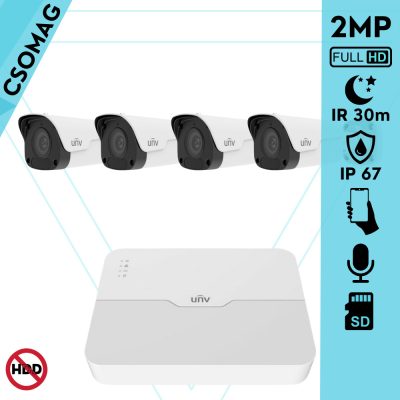 Uniview 4 cső kamerás IP megfigyelőrendszer 2MP biztonsági kamera, 2.8 mm-es fix objektív, SD kártya foglalattal, PoE, beépített mikrofonnal, IR 30, kültéri