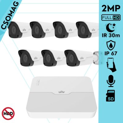 Uniview 7 cső kamerás IP megfigyelőrendszer 2MP biztonsági kamera, 2.8 mm-es fix objektív, SD kártya foglalattal, PoE, beépített mikrofonnal, IR 30, kültéri