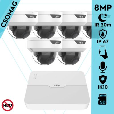Uniview 6 dome kamerás IP megfigyelőrendszer 8MP biztonsági kamera, 2.8 mm-es fix objektívvel, SD kártya foglalattal, PoE, beépített mikrofonnal, IR LED 30m, IK10 vandálbiztos, kültéri