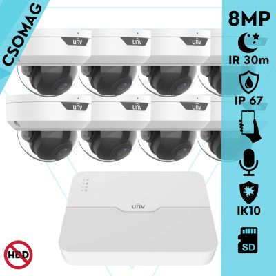 Uniview 8 dome kamerás IP megfigyelőrendszer 8MP biztonsági kamera, 2.8 mm-es fix objektívvel, SD kártya foglalattal, PoE, beépített mikrofonnal, IR LED 30m, IK10 vandálbiztos, kültéri