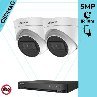 Hikvision 2 turret kamerás analóg megfigyelőrendszer 5 MP biztonsági kamera, 2.8 mm fix objektív, IR 10m, Digitális WDR, fém ház, beltéri