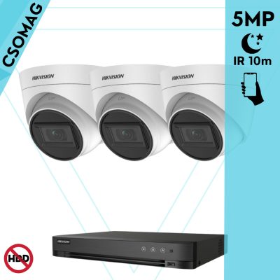 Hikvision 3 turret kamerás analóg megfigyelőrendszer 5 MP biztonsági kamera, 2.8 mm fix objektív, IR 10m, Digitális WDR, fém ház, beltéri