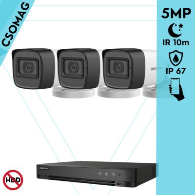 Hikvision 3 cső kamerás analóg megfigyelőrendszer 5 MP biztonsági kamera, 2.8 mm fix objektív, IP67, IR 10m, fém ház, kültéri
