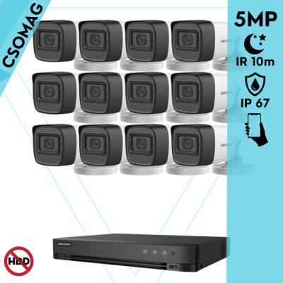 Hikvision 12 cső kamerás analóg megfigyelőrendszer 5 MP biztonsági kamera, 2.8 mm fix objektív, IP67, IR 10m, fém ház, kültéri