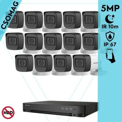 Hikvision 14 cső kamerás analóg megfigyelőrendszer 5 MP biztonsági kamera, 2.8 mm fix objektív, IP67, IR 10m, fém ház, kültéri