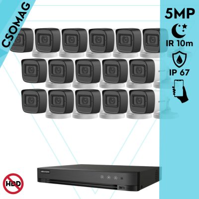 Hikvision 16 cső kamerás analóg megfigyelőrendszer 5 MP biztonsági kamera, 2.8 mm fix objektív, IP67, IR 10m, fém ház, kültéri