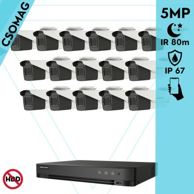 Hikvision 16 cső kamerás analóg megfigyelőrendszer 5 MP biztonsági kamera, IR led 80 m, 2.7 - 13.5 mm varifokális objektív, 4x motoros zoom, valós WDR, kültéri