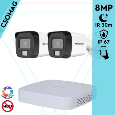 Hikvision 2 cső kamerás analóg megfigyelőrendszer 8 MP biztonsági kamera, 3.6 mm fix objektív, hibrid fény 30 m, fém ház, kültéri