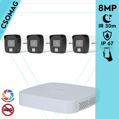 Hikvision 4 cső kamerás analóg megfigyelőrendszer 8 MP biztonsági kamera, 3.6 mm fix objektív, hibrid fény 30 m, fém ház, kültéri
