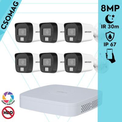 Hikvision 6 cső kamerás analóg megfigyelőrendszer 8 MP biztonsági kamera, 3.6 mm fix objektív, hibrid fény 30 m, fém ház, kültéri