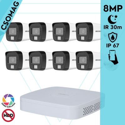 Hikvision 8 cső kamerás analóg megfigyelőrendszer 8 MP biztonsági kamera, 3.6 mm fix objektív, hibrid fény 30 m, fém ház, kültéri