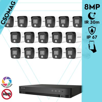 Hikvision 16 cső kamerás analóg megfigyelőrendszer 8 MP biztonsági kamera, 3.6 mm fix objektív, hibrid fény 30 m, fém ház, kültéri