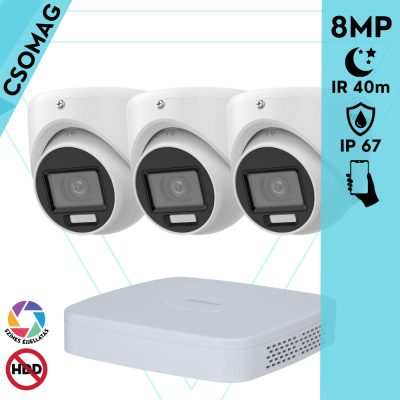 Hikvision 3 turret kamerás analóg megfigyelőrendszer 8 MP biztonsági kamera, 3.6 mm fix objektív, hibrid fény 40m, kültéri
