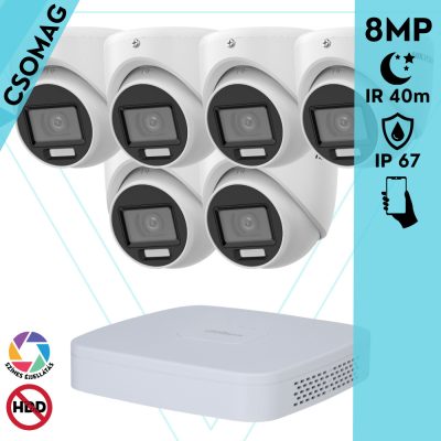 Hikvision 6 turret kamerás analóg megfigyelőrendszer 8 MP biztonsági kamera, 3.6 mm fix objektív, hibrid fény 40m, kültéri