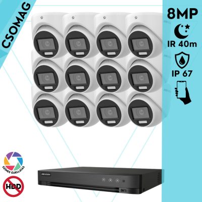 Hikvision 12 turret kamerás analóg megfigyelőrendszer 8 MP biztonsági kamera, 3.6 mm fix objektív, hibrid fény 40m, kültéri