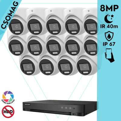Hikvision 14 turret kamerás analóg megfigyelőrendszer 8 MP biztonsági kamera, 3.6 mm fix objektív, hibrid fény 40m, kültéri