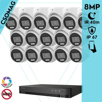 Hikvision 16 turret kamerás analóg megfigyelőrendszer 8 MP biztonsági kamera, 3.6 mm fix objektív, hibrid fény 40m, kültéri