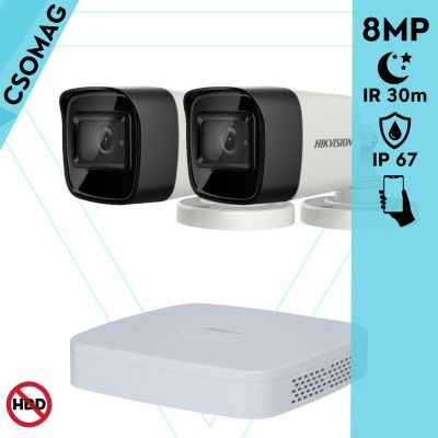 Hikvision 2 cső kamerás analóg megfigyelőrendszer 8 MP biztonsági kamera, 2.8 mm fix objektív, IR led 30 m, IP67, fém ház, kültéri