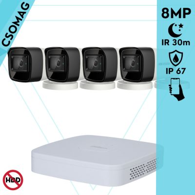 Hikvision 4 cső kamerás analóg megfigyelőrendszer 8 MP biztonsági kamera, 2.8 mm fix objektív, IR led 30 m, IP67, fém ház, kültéri