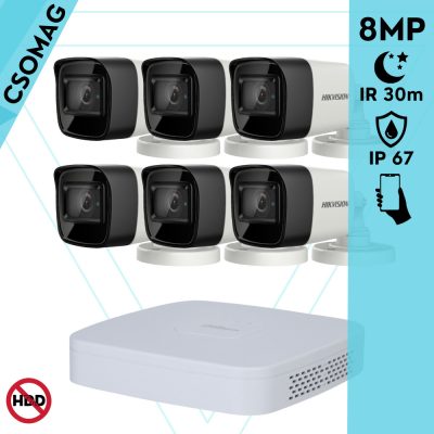 Hikvision 6 cső kamerás analóg megfigyelőrendszer 8 MP biztonsági kamera, 2.8 mm fix objektív, IR led 30 m, IP67, fém ház, kültéri