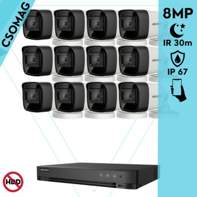 Hikvision 12 cső kamerás analóg megfigyelőrendszer 8 MP biztonsági kamera, 2.8 mm fix objektív, IR led 30 m, IP67, fém ház, kültéri