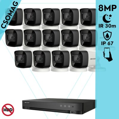 Hikvision 14 cső kamerás analóg megfigyelőrendszer 8 MP biztonsági kamera, 2.8 mm fix objektív, IR led 30 m, IP67, fém ház, kültéri