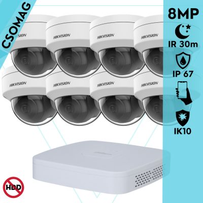 Hikvision 8 dome kamerás analóg megfigyelőrendszer 8 MP biztonsági kamera, 2.8 mm fix objektív, IK10 vandálbiztos, IR 30m, fém ház, kültéri