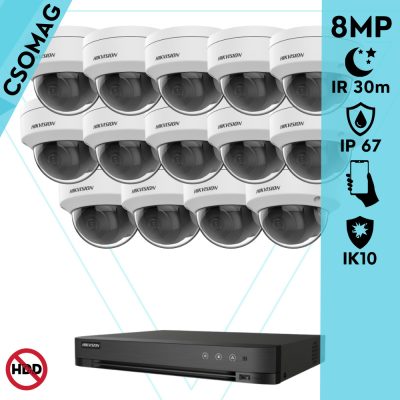 Hikvision 14 dome kamerás analóg megfigyelőrendszer 8 MP biztonsági kamera, 2.8 mm fix objektív, IK10 vandálbiztos, IR 30m, fém ház, kültéri