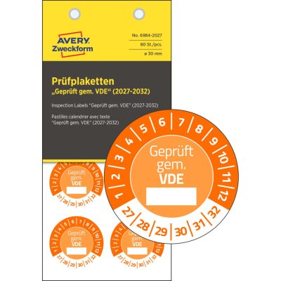Avery Zweckform No. 6984-2027 narancssárga színű, 30 mm átmérőjű, öntapadós időjárásálló felülvizsgálati címke, 2027-2032-es évszámmal, Geprüft gemäß VDE felirattal - kiszerelés: 80 címke / csomag