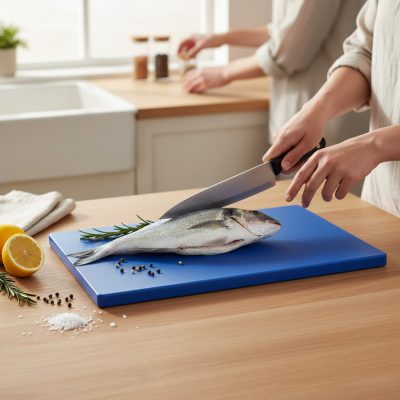 Kék műanyag vágódeszka GN 1/1 méret, 53x32,5x2 cm, HACCP halakhoz és tengeri herkentyűkhöz, 6 gumitalppal