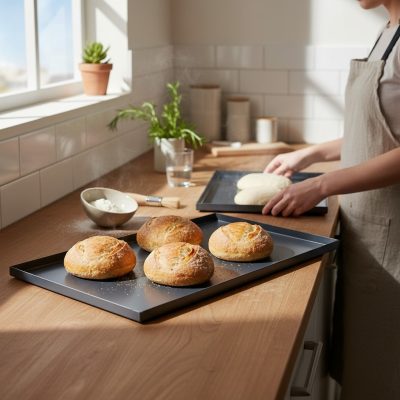 Pizzasütő tepsi 53x32,5 cm, GN 1/1, 90°felhajtás, de Buyer, kékvas