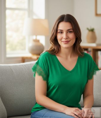 Freeman T. Porter – Női Csipkeujjú V-nyakú Felső - Smaragdzöld