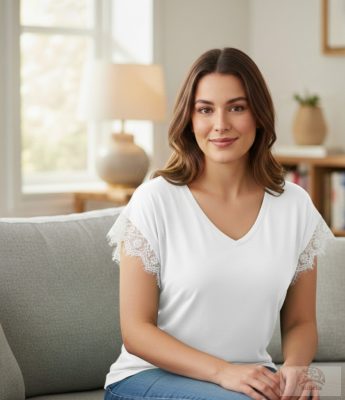 Freeman T. Porter – Női Csipkeujjú V-nyakú Felső - fehér