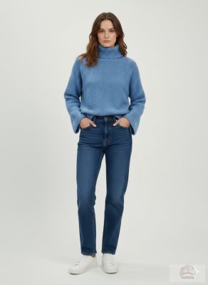 Slowlove Azúr kék Garbós Pulóver – Cikcak Mintás