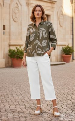 Pomodoro „Spot Leaf” Mintás Nyári ing khaki színben . Akció! 50% árengedmény. 