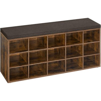 Cipőtartó pad, tárolós pad párnázott ülőfelülettel 30 × 105 × 48 cm, rusztikus barna színben
