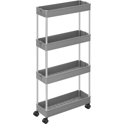 Tárolókocsi kerekeken, 4 szintes keskeny műanyag tároló, szürke