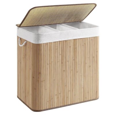 Bambusz szennyeskosár 3 rekesszel, fedéllel és fogantyúkkal, 150 literes