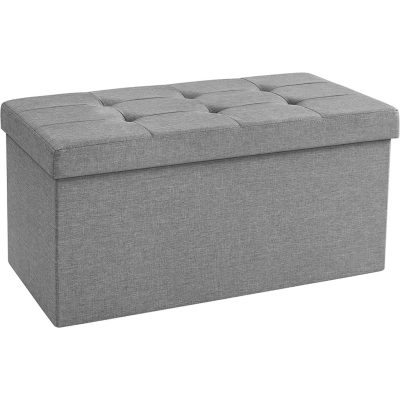 Puff, összecsukható tároló ottomán pad, lábtámasz, 80 l, 76x38x38 cm, világosszürke