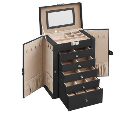 Ékszerdoboz tükörrel és csattal 6 szintes, fekete