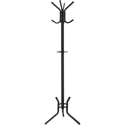 Álló fogas 12 kampóval, stílusos fém kabáttartó állvány 176 cm, fekete