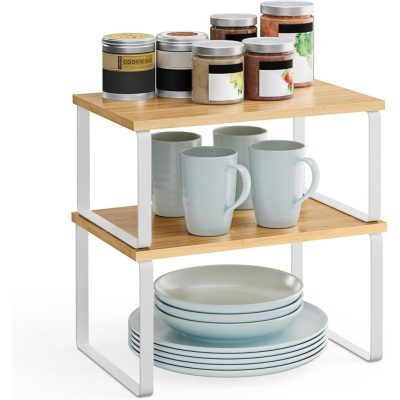 Bambusz fűszertartó, 2 db-os konyhai pult polcrendezők, natúr-fehér