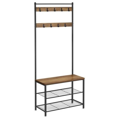 Kabáttartó állvány, cipőtartó, magasság 175 cm, rusztikus dió és fekete