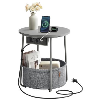 Kerek dohányzóasztal usb töltő porttal, kis asztal aljzattal, szürke-palaszürke