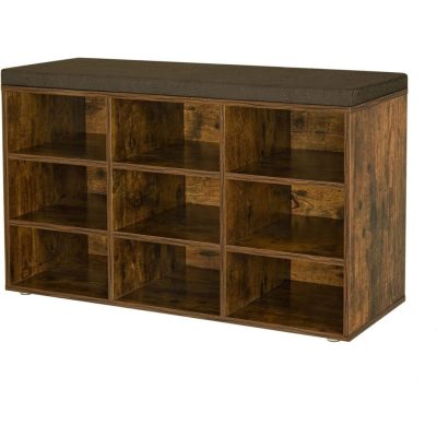 Cipőpad, tárolópad párnázott üléssel, 9 rekesszel, rusztikus barna