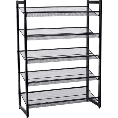 Cipőtartó polc 5 szintes fém háló polcokkal, fekete 74x30x104cm