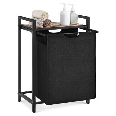 Kihúzható szennyeskosár, polccal, rusztikus barna-fekete