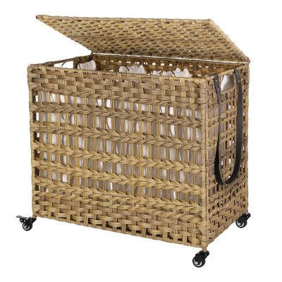 Kézi szövésű szennyeskosár, 3 külön rekesszel, natúr