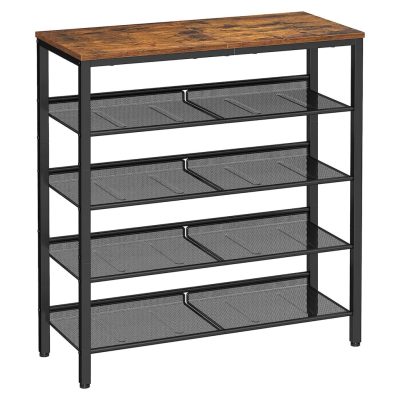 Cipőtartó, cipőspolc állítható hálós polccal, 75x28x93 cm, rusztikus barna/ fekete