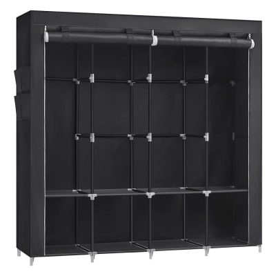 Szövet ruhásszekrény, ruharendező állvány 4 akasztósínnel, fekete